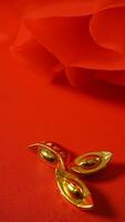 Chinese New Year Decoration on Red Background with Empty Space photo