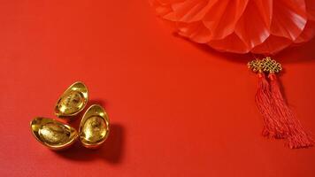 Chinese New Year Decoration on Red Background with Copy Space photo