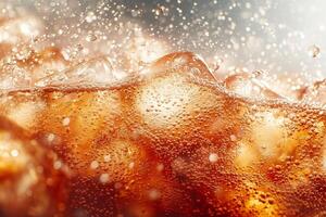 Bubbles cascade over caramel waves in a sparkling refreshment splash at sunset. photo