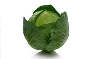 Fresh green cabbage ready for culinary delights in a bright, minimalist setting photo