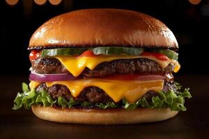 A mouthwatering double cheeseburger with fresh toppings shot in a cozy diner at night. photo