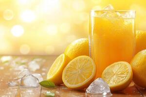Refreshing glass of lemonade surrounded by fresh lemons and ice on a sunny wooden table. photo