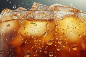 Refreshing cold beverage with ice, bubbles, and condensation on a warm summer afternoon. photo