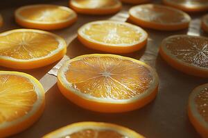 Sunlit citrus delights arranged elegantly on a wooden surface, inviting a refreshing taste. photo