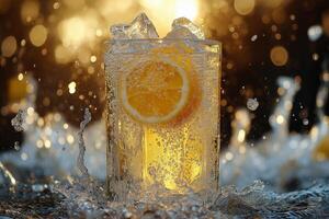 A sparkling glass of lemonade splashing in the golden afternoon sunlight by a serene water feature. photo