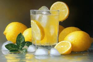 Refreshing lemonade served in a glass with ice and fresh lemons on a rustic table. photo