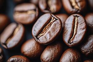 A close-up view of rich, dark roasted coffee beans scattered on a surface. photo