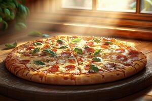 A freshly baked pepperoni pizza garnished with basil in warm sunlight near a cozy photo