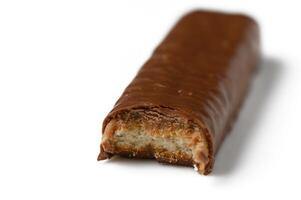 Sweet and decadent chocolate bar with a creamy filling captured in a close-up view photo