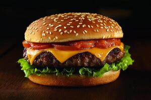 Juicy cheeseburger with fresh toppings on a wooden table, invitingly presented in the evening light. photo