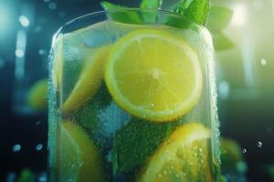 Refreshing summer drink with lemon slices and mint leaves in a cool glass surrounded by mist. photo