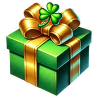 Decorative gift box with green color and golden ribbon. St. Patrick's day clipart cartoon png
