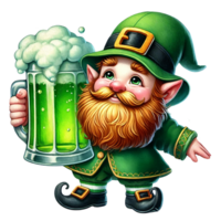 Cheerful leprechaun holding a frothy green beer in celebration. St. Patrick's day clipart cartoon png