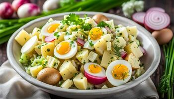 Potato salad with celery, green onion, radish, dill and eggs photo