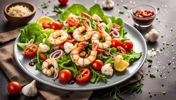 Grilled squid or calamari and shrimp salad with garlic croutons and cherry tomatoes. healthy food photo