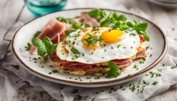 Egg omeletta with ham and herbs bio eggs and little bit of lime juice photo