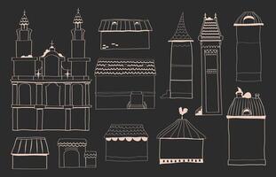 hand drawn Christmas houses, black and white graphics of houses, line illustrations of houses with snow, stencils of winter houses vector