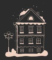 hand drawn Christmas house, black and white graphics of house, line illustration of house with snow vector