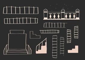 Contour elements of stairs and steps, illustrations of stairs and fences vector
