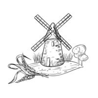 Rustic landscape of windmill and grass on ground black white illustration. Rural making bread mill and bunch of wheat hand drawn monochrome art for design package bread, flour label, bakery. vector