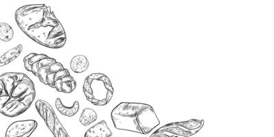 Assorted kind of bread black white frame. Loaf bread, challah, rustic rye round, ciabatta and buns outline drawing on board. Bakery goods on monochrome background for corner packaging, signage. vector