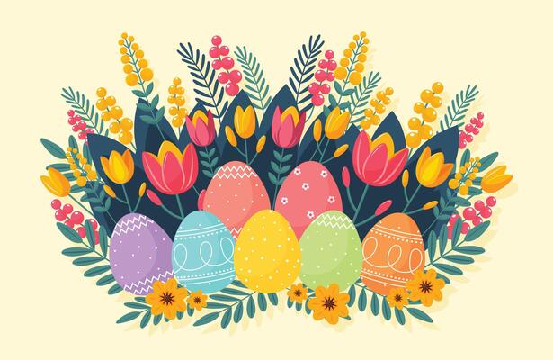 Easter composition with Easter Eggs and spring flowers flat illustration
