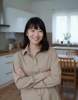 Asian woman standing in kitchen with arms crossed photo