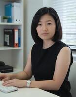 A woman in black shirt sitting at a desk with a computer photo