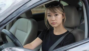 A woman in a car looking at the camera photo