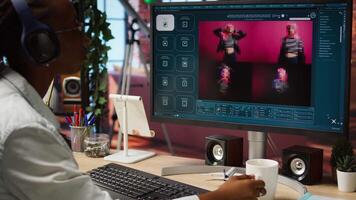 Woman at home using AI software turning text prompt into photos, drinking coffee. Girl in apartment enjoying hot beverage and using text to image artificial intelligence generator, camera A video