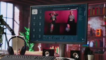Computer in home office uses artificial intelligence generating images from basic text prompts. AI GPT generating photographs using computer vision and natural language processing, jib up shot video