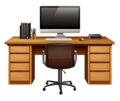 Wooden desk with computer setup and office supplies organized for efficient workspace on transparent background png