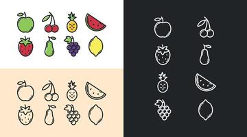 fruit line icon set, apple, strawberry, pineapple, grape, watermelon, lemon, pear, cherry, color, black and white variations vector