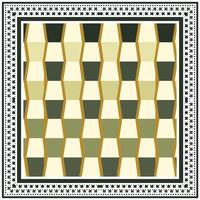Repeating square print scarf pattern of beige and green cubes on a cream background, framed by a decorative border. vector