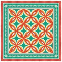 Geometric pattern with red, yellow, and green intertwined flower-like shapes on a teal background. vector