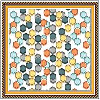 Square print scarf pattern of colorful hexagons with a tribal-style border, geometric design featuring a square pattern composed of interlocking hexagons and triangles in various colors. vector