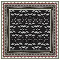 Geometric square print scarf pattern with diamonds and lines on black background, red and white border design. vector