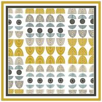 A colorful geometric square shae scarf pattern with a variety of textured shapes and a mustard yellow line border in white background vector