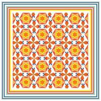 Colorful geometric square scarf print pattern with repeating stars and diamonds within multiple border frames. vector