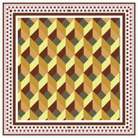 A colorful square scarf print in geometric pattern with a cube illusion, bordered by detailed frames. vector