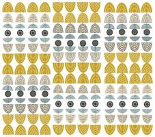 A geometric pattern with repeating motifs in muted yellow, blue, and gray colors in white background vector