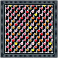 Square geometric scarf print, pattern of colorful dots on black stripes with dotted borders. vector
