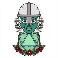 Retro Tattoo Style half orc fighter character with natural twenty dice roll design art video