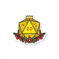 sticker of a natural 20 D20 dice roll with floral elements artistic drawing video
