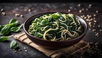 Dry spinach noodles on rustic dark background photo