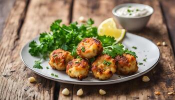 Traditional cod fritters with garlic and parsley on wooden table photo