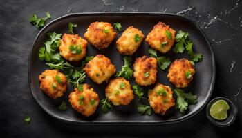 Cod fritters in bowl on black slate background. Top view photo