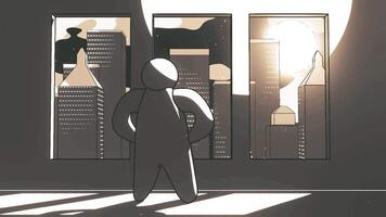 animated illustration of enthusiasm, motivation, inspiration, people looking at the world in front of the window with pride, and moonlight entering and illuminating the room video