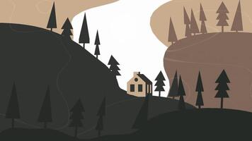 2D animated illustration background, soft color scenery, house, forest, tree, mountain video