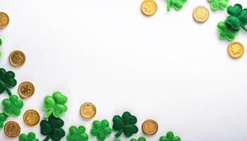 Shamrock leaf and gold coin felt around the border center empty background photo